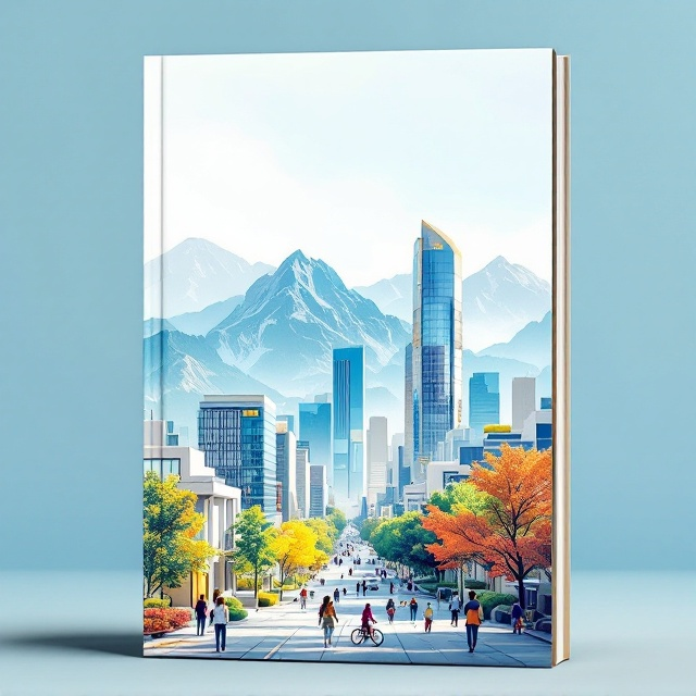 A bright and clean cityscape showing a futuristic urban design with modern, glass-covered buildings. A well-maintained street is bustling with diverse people walking, cycling, and chatting, surrounded by lush greenery. The sky is clear and gradient from light blue to warm hues near the horizon. In the background, majestic mountains rise with intricate details, emphasizing harmony between nature and urban design. Subtle hints of engineering tools (like rulers or drafting lines) are merged softly into the sky or buildings to add an understated reference to civil engineering.