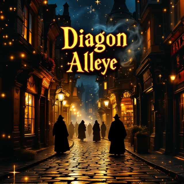 standing book mockup, Its title is "Diagon Alley- " Where Wizards Welcomed and Muggles Tolerated"".  A cobblestone street of Diagon Alley winds into the distance under a twilight sky, glowing warmly with magical shopfronts bathed in golden light. Shadowy figures, some clearly wizards with robes and wands, move between the shop doors, giving a sense of life and magic. The edge of the cover has faint etchings of vintage magical symbols, subtly integrated into the borders, adding intricate detailing. A faint wisp of smoke and sparkling dust swirls across the upper section, leading the eye toward the title. The book title is set in a whimsical serif font, such as "Almibar" or "Lumios Pro," with glowing, golden foil embellishments that feel magical and grand. The subtitle uses a clean, contrastive sans-serif font like "Montserrat" in white or muted silver, providing a modern balance., The title is prominently placed at the top, aligned centrally, ensuring it catches the eye immediately. The subtitle sits just below the title in a smaller size. The central visual artwork fills most of the frame, keeping the focus on the magical street. Decorative magical borders subtly frame the cover, while the background gradients transition from twilight to the warm shop light tones. The area where the author's name typically appears should be left completely blank, with no text or placeholder.