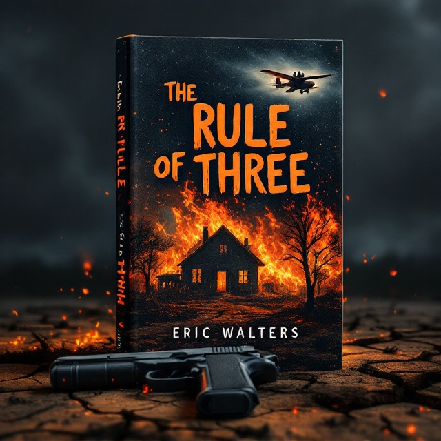 The cover features a dark, ominous night sky as the background, symbolizing the dystopian world. In the foreground, a house is engulfed in flames, the fire’s red and orange hues casting a haunting contrast against the dark backdrop. A detailed silhouette of an ultralight plane with two figures is seen emerging from the top right corner, flying toward the horizon. Below, a semi-visible handgun lies abandoned on cracked, dry ground, creating an unsettling sense of danger. Shadows creep in from the edges of the cover, adding a depth of eeriness.