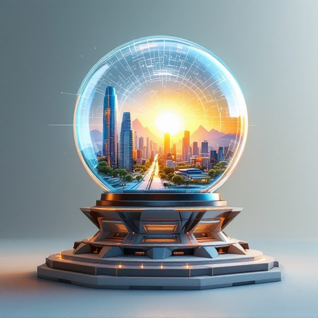 A modern, futuristic city is depicted encapsulated within a transparent glass globe resting atop a grand, geometrically intricate and fortified architectural base. The globe contains a detailed miniature urban scene with high-tech skyscrapers, clean streets, and a radiant sunlight horizon breaking behind the scene, showcasing distant towering mountains. Surrounding the globe, glowing energy lines and digital grids create a sci-fi aesthetic. The backdrop is kept minimalistic, showcasing a subtle gradient from deep space-like hues to a glowing, optimistic horizon.