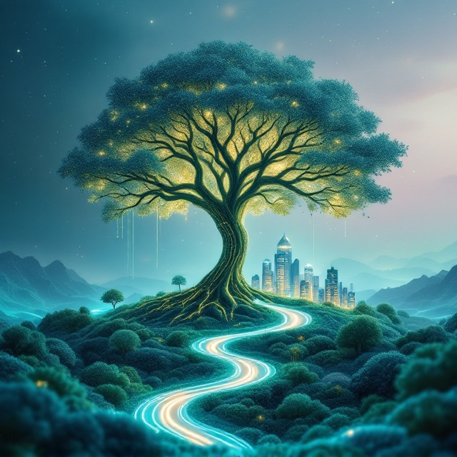 A futuristic miniature city rests delicately under the sprawling canopy of an ethereal, glowing tree. The branches of the tree merge subtly into circuits, symbolizing technology. A winding road leads from the foreground to the city, embedded with subtle green hues suggesting sustainability. The sky transitions between soft blues and purples with faint stars, capturing a dreamy, sci-fi atmosphere.