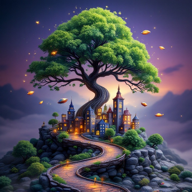 A whimsical and fantastical scene depicting a tiny urban city nestled under the protective shade of a lush, enchanting bonsai tree. The miniature cityscape features tiny glowing buildings with fantastical architecture, softly lit windows, and tiny moving elements like airships and glowing streetlights. The tree towers over the city with intricate, vivid green leaves and twisted branches. A winding cobblestone road gently curves around the city and continues off to the edge of the cover. The background transitions smoothly from a twilight purple at the top to a warm, golden glow near the base of the tree.
