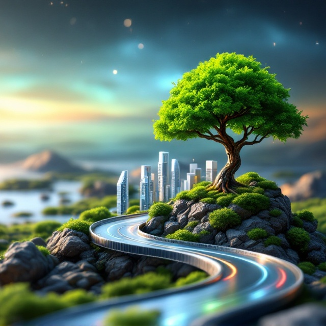 A miniature futuristic city with sleek, sci-fi inspired architecture nestled beside a lush, vividly green bonsai-style tree. A winding, reflective metallic road curves gently around them, leading outward toward a horizon with hints of a soft, glowing nebula sky. The overall colors combine a mix of natural greens and browns with futuristic silvers and blues. Background features a subtle gradient blending between earthy tones and celestial colors.