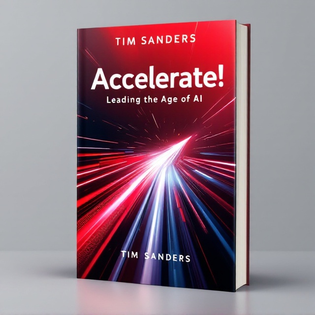 The book cover features a dynamic, futuristic background with a gradient of vibrant red hues transitioning to a sleek metallic silver tone. Abstract lines and shapes resembling "speed trails" shoot diagonally across the cover, emulating the motion of acceleration or velocity. At the center, a subtle outline of a rocket or futuristic vehicle gives a nod to the tech aspect without dominating the scene. The subtitle "Leading the Age of AI" is subtly embedded into the speeding trails, blending seamlessly with the motion lines. The design conveys a forward-thinking, high-energy narrative.