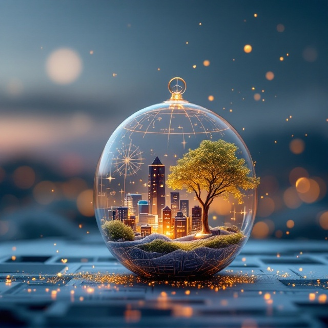A miniature cityscape set within a delicate glass terrarium, with a central focus on a small yet intricately detailed tree beside it. The terrarium rests above a background of soft pastel tones blending into a twilight sky, evoking a romantic and dreamy ambiance. Subtle engineering tools (like a compass and blueprint patterns) are subtly etched into the glass as textures, merging civil engineering and urban planning themes seamlessly. Gold dust-like particles float around the composition, creating enchantment and elegance.