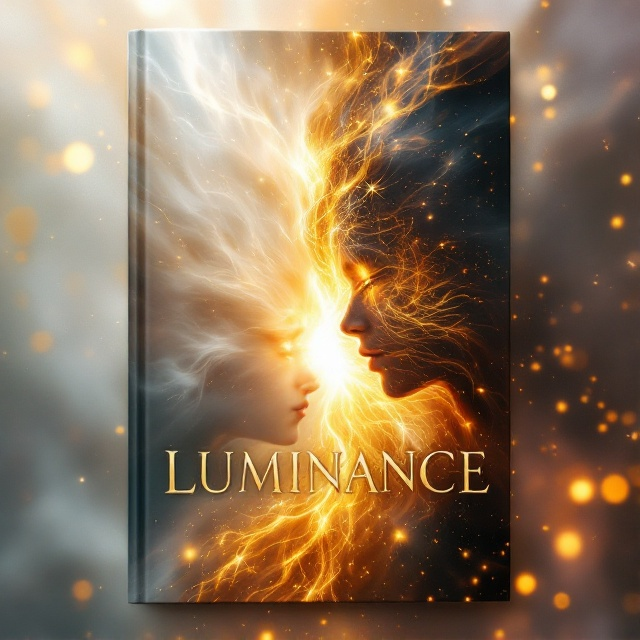 A blurred, mystical scene dominates the cover, with two indistinct figures—a boy and a girl—positioned on opposing sides of the composition, symbolizing light and dark forces. The light side features radiant hues of white, gold, and shimmering silver, emitting a soft, almost angelic glow. The dark side uses diffused tones of deep, muted reds and shadowy pinks, blending into the ethereal background. The center of the cover has a swirling, golden burst of energy, as if the two forces are converging or clashing. The overall style is painterly with gentle gradients, intentionally hazy to give a dreamlike fantasy effect.