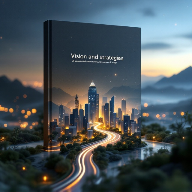 A futuristic, miniature city is illustrated in intricate detail, sitting in the center of the cover. A winding, luminescent road cuts through the tiny city, extending outward to draw the viewer’s eye. The background transitions into a hazy gradient with distant, shadowed mountains rising against a subtle twilight sky. Overhead, faint celestial elements (stars/nebula-esque visuals) give the design a subtle sci-fi flavor, with muted greenery lining the foreground edges to hint at sustainability.