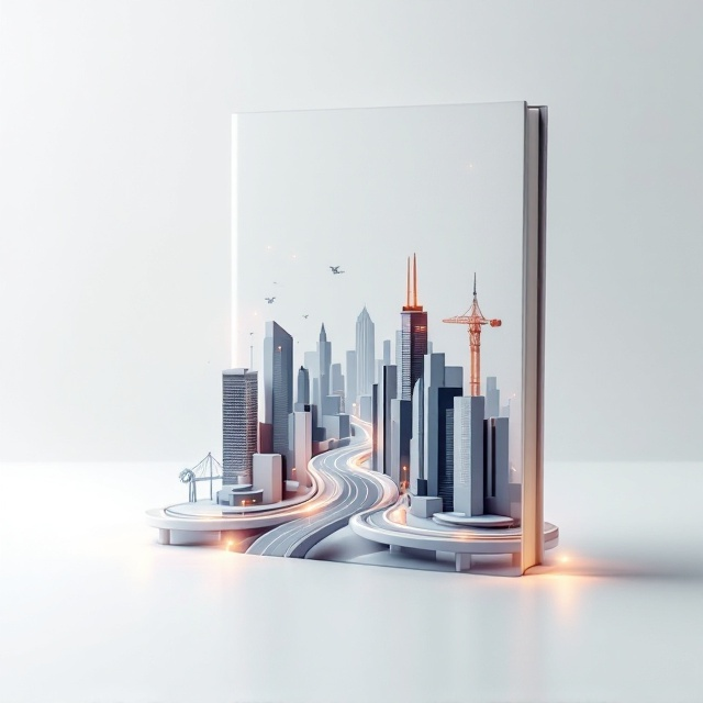 A bright white background featuring a miniature futuristic city in the middle of the page. The city comprises sleek skyscrapers and a single, detailed, winding highway cutting through it. On the highway, subtle silhouettes of moving vehicles blend into the minimal, urban aesthetic. Two engineering elements, such as a pair of stylized gears and an abstract bridge or tower crane, are integrated seamlessly at the foreground edges of the cover. Everything is surrounded by soft glowing accents symbolizing sustainability.