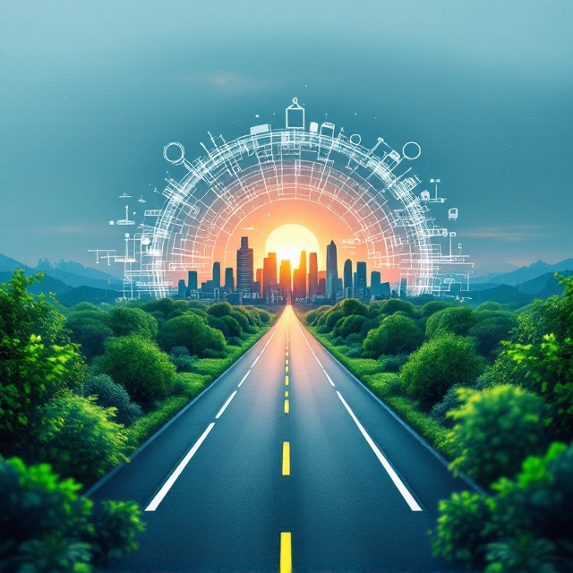 A central, minimalist illustration of a small, futuristic city skyline in a circular format, surrounded by vibrant greenery. A straight and sleek road pierces through the city, entering the foreground and fading into the distance. On the road, faint technical sketches of engineering tools subtly overlay the design, merging the essence of civil and urban planning. A gradient transition shifts the sky from dusky orange to twilight blue, showcasing the passage of time and sustainability. The background is clean and spacious, offering room to highlight elements without overcrowding.