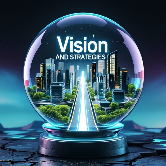 A hyper-realistic depiction of a miniature futuristic city with sleek, modern skyscrapers and green rooftop gardens. The city is encapsulated in a translucent glass globe, sitting on an elevated pedestal with a road cutting through the center of the globe and continuing into the fading background. The road transitions from an advanced, glowing highway in the center to cracks and rugged surfaces as it fades out, symbolizing transformation and sustainability. The background features a gradient sky with hues of violet, teal, and black to create a sci-fi ambiance.