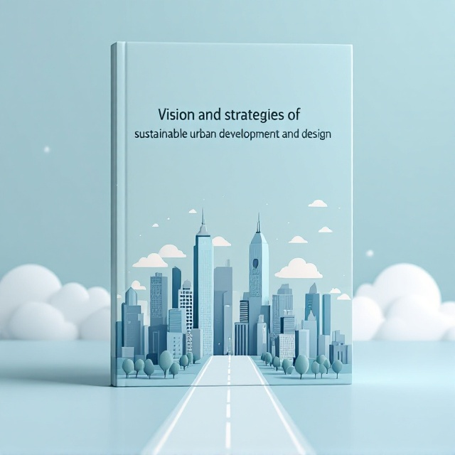 A minimalist cityscape in a very small size is depicted in the center of the cover, portrayed as miniature high-rise buildings in an abstract, geometric style. A light and clean road cuts through the center of the cityscape, extending out to both the bottom and top of the cover. The background is dominated by a soft, light blue gradient with subtle white cloud patterns, evoking a sense of calmness and sustainability. The focus stays simple with minimal decorative elements, centering the attention on the urban design theme.