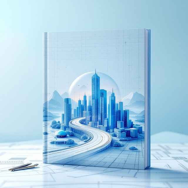 A futuristic miniature cityscape is depicted in the center of the cover, appearing as though it's sitting inside a glass dome with intricate lines of engineering measurements around it. A winding road curves from the bottom of the cover, leading the viewer’s eye through the cityscape and towards the distant horizon where soft blue-gray mountains fade into the light, airy sky. Light blue gradients dominate the background, giving a sense of innovation and possibility. Subtle elements of engineering tools, like rulers and drafting compasses, are integrated into the design softly around the edges.
