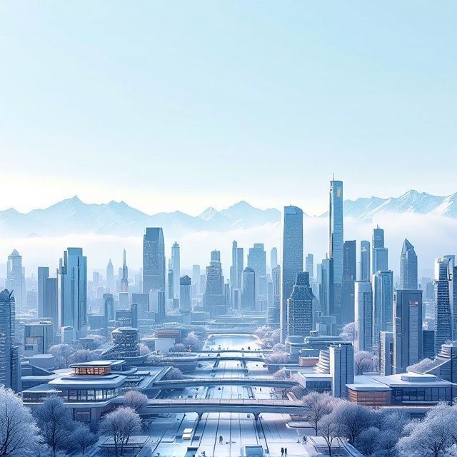 A futuristic cityscape dominates the cover. The city features sleek, architecturally advanced skyscrapers with metallic and glass facades that shimmer under a soft, pale-blue sky. In the distance, snow-covered mountains rise, blending seamlessly with the skyline, adding depth and serenity to the scene. The foreground includes details of urban infrastructure, such as elevated bridges and minimalistic park spaces, symbolizing a harmonious blend of nature and technology. The color palette is a blend of cool tones, including silvery whites, pale blues, and subtle greens, to create a balanced and clean visual appeal.