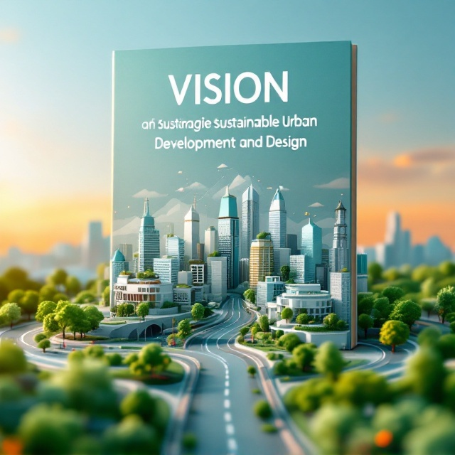 A stylized miniature cityscape positioned centrally with intricate and detailed depictions of modern architectural designs; roads and highways cutting gracefully through it in an almost futuristic style. The city features eco-friendly elements such as green rooftops, solar panels, and interlinked parks. The color scheme incorporates vibrant greens, subtle grays, and soft whites to symbolize sustainability. The backdrop fades into a gradient sky transitioning from morning light blue to dusk-inspired orange.