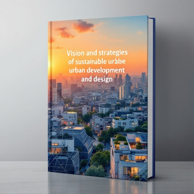 A full-cover image featuring a modern skyline of a sustainable city at sunset with warm hues of orange blending into cooler shades of blue. The photo should include elements like solar panels on rooftops, green terraces, and tree-lined streets. A subtle semi-transparent overlay of geometric patterns symbolizing innovation and strategy runs diagonally across the image.