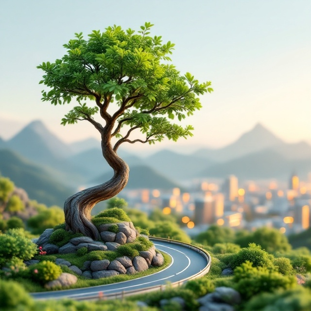 A miniature modern cityscape is nestled beside a lush and vibrant bonsai tree. A gracefully curved road meanders from the foreground, weaving through the small-scale city toward the horizon. In the backdrop, softly-lit mountains rise in the distance, framed by a sky transitioning between a glowing dawn and subtle twilight. The overall composition creates a serene balance between urban infrastructure and natural elements, symbolizing sustainable development. The city structures are meticulously detailed yet slightly stylized, and the foreground emphasizes the contrast between the organic form of the tree and the geometric precision of the buildings.