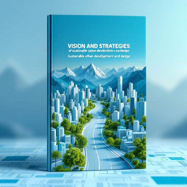 A miniature futuristic city is depicted in the book's center, surrounded by a blend of natural and urban elements. A winding road cuts through the city and extends toward the horizon, leading the eye to a backdrop of majestic, serene mountain peaks against a gradient sky in shades of blue. The lower portion features subtle structural elements such as building blueprints and green tree motifs combined seamlessly to represent urban planning and sustainability.