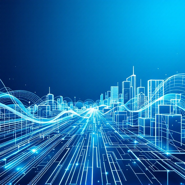 A futuristic blue-toned cityscape with intricate, white engineering lines and geometric patterns flowing through the streets and buildings. The patterns seamlessly intertwine like a 3D network, symbolizing urban connections and sustainability. The background features a gradient of deep to light blue, symbolizing vision and innovation.