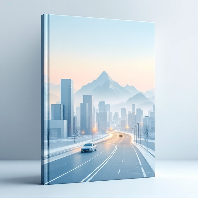 A balanced depiction of a futuristic urban skyline with sleek, minimalist buildings presented in a scaled-down size on the left-hand side of the cover. A well-paved road curves elegantly across the lower third of the cover, appearing to move forward and draw the viewer into the depth of the design. Mountains loom in the background at the horizon, with soft gradient hues between the sky and landscape symbolizing hope and vision. The urban elements are integrated with geometric blueprints faintly overlaid, representing engineering and city planning concepts.