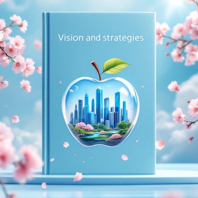 A striking, light blue gradient background with a serene, cloud-brushed sky to reflect calmness and innovation. In the center, a floating apple contains a futuristic urban cityscape within it, surrounded by reflective glass structures and greenery, symbolizing sustainable development. Soft pink cherry blossom petals drift around the apple, adding a touch of elegance and complementing the light blue background. Subtle rays of sunlight peer from the top, giving life and vibrancy to the composition.