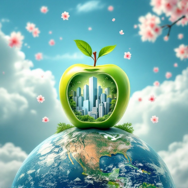 A vibrant green apple is at the center of the cover, sliced open to reveal a miniature urban cityscape inside, including modern skyscrapers, parks, and bridges. The apple rests firmly on a stable globe showcasing layers of earthy texture, with the curvature of the Earth subtly illustrated. The background portrays a serene blue sky with white clouds, accented by soft, floating pink blossoms scattered across the top and sides, creating a harmonious and dreamy effect.