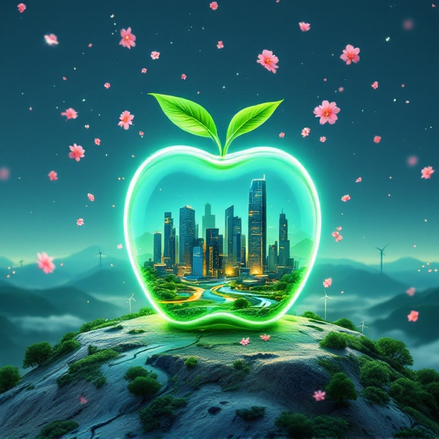 A glowing, semi-transparent green apple encapsulates a futuristic, advanced cityscape, with skyscrapers, parks, and energy-efficient structures inside. The apple sits sturdily on a textured Earth showing sustainable patterns like trees, rivers, and wind turbines. Above, a serene blue sky stretches endlessly, adorned with gently drifting pink blossoms that appear suspended in motion, enhancing the dreamy atmosphere. The glow of the apple subtly illuminates the surrounding elements, symbolizing innovation.