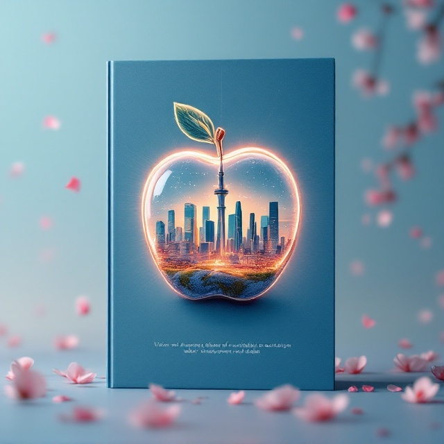 The cover features a luminous, glowing apple with a futuristic, modern cityscape encapsulated inside it. The skyline prominently displays the Milad Tower, symbolizing Tehran, with a mix of modern architectural elements. The glowing apple sits firmly on a textured, vibrant Earth, emphasizing stability and sustainability. The background showcases a gradient of light blue shades, transitioning into a peaceful sky scattered with delicate, pink cherry blossom petals floating gracefully as if suspended in air. Soft beams of light radiate from behind the apple, creating depth and a sense of enlightenment.