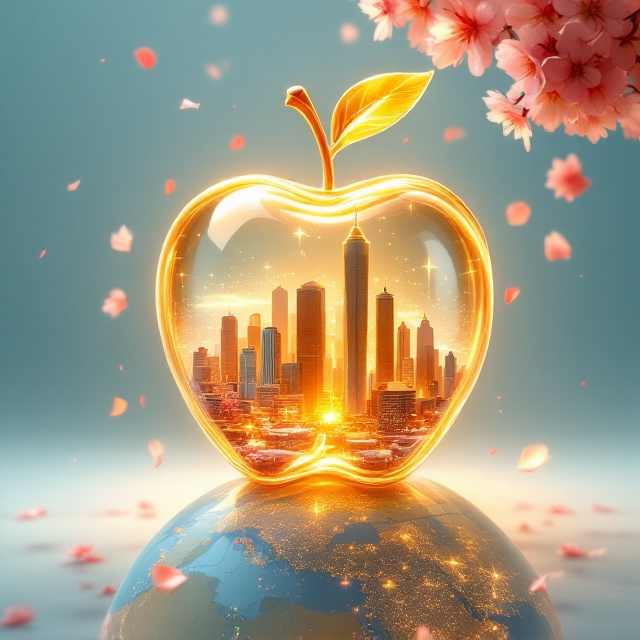 A radiant cityscape enclosed within a glowing, semi-transparent golden apple that symbolizes prosperity and sustainability. The modern urban city includes both Milad Tower and Azadi Tower, with a futuristic skyline emerging subtly within the apple. The apple is securely balanced on a vivid globe, which radiates with the light of the Iranian flag colors beautifully wrapping around it. Above, a serene light blue sky stretches out, with soft, pink cherry blossom petals gently floating across it.