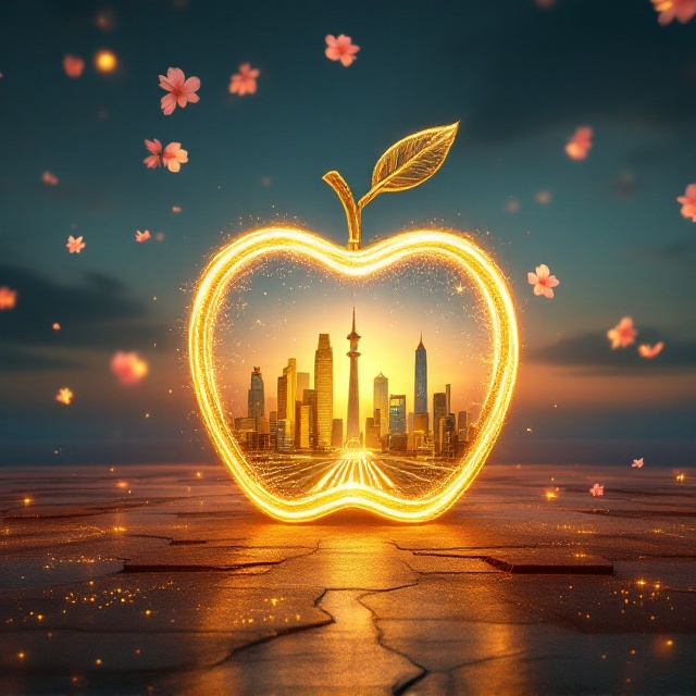 A dazzling golden luminous apple, encompassing a radiant depiction of an advanced Tehran cityscape with the Milad Tower and Azadi Square at its center. The apple is seamlessly resting on a textured, stable ground illuminated by the vibrant colors of the Iranian flag waving softly across its surface. Above, the vast sky is a gradient of calming light blue transitioning to deeper hues at the edges, with delicate pink blossoms floating ethereally in mid-air, creating a sense of tranquility and innovation.