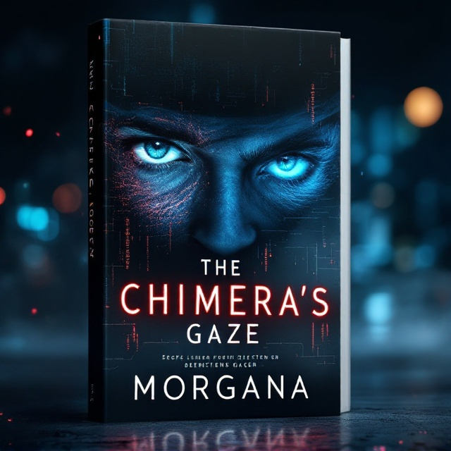 A close-up shot of a detective's face occupies the majority of the cover. The left eye is human, intense, and staring into the viewer's soul, while the right is animalistic—glowing faintly and slightly unnatural, with a subtle reptilian or feline quality. The background fades into a dark urban night scene with the faint outlines of city skyscrapers and glowing digital code fragments floating in the air. A smoky mist swirls around the detective’s face, blending reality with digital motifs and creating mystery and suspense. Color palette leans heavily on shadowy blues, metallic silvers, and hints of crimson.