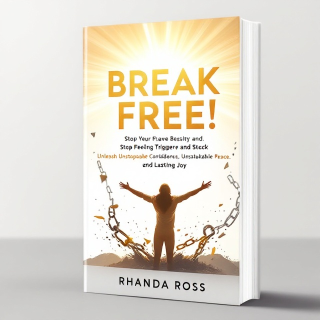 A radiant burst of golden light emanates from the center, symbolizing freedom and empowerment. The light transitions smoothly into a soft gradient of warm gold tones against a white background, suggesting purity and hope. In the foreground, a silhouette of a person with outstretched arms is set at the base of the cover, breaking free from visible abstract chains that are shattering around them. The visual elements are designed to evoke energy, liberation, and confidence.