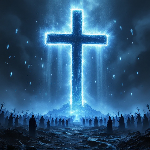 A ghostly, apocalyptic battlefield fills the lower half of the cover, where spectral warriors representing the dead clash with luminous, god-like figures enveloped in clouds of faint blue light. Centered in the sky above is a colossal haunted cross shrouded in eerie fog, its edges glowing faintly. Flying caskets drift outward from the cross, trailing ghostly mist, while transparent, falling ghosts rain down over the scene, evoking a sense of motion and chaos. A menacing gradient of dark blues and blacks dominates the color palette, with streaks of icy white highlighting the supernatural elements.