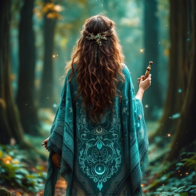 A mystical and enchanting scene is depicted, with a woman facing backward, her long brown curly hair cascading down her back. She is draped in a turquoise medicine shawl intricately patterned with shamanic symbols like feathers, moon phases, and animal silhouettes. She holds a drum in one hand and a rattle in the other, with the peace pipe resting at her side. Magical stardust sparkles in the air around her, and an ethereal glow emanates from the forest floor. Tall, ancient trees surround her, their trunks stretching out of frame, with hints of blurred vibrant green leaves. The color palette features rich turquoise tones complemented by earthy browns and soft celestial whites.