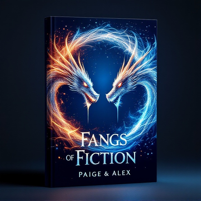 A sleek, azure blue background fades from deep navy at the top to a glowing cerulean at the bottom, evoking a mystical crescent sky. Emerging from the shadows, a pair of menacing silver dragon fangs protrudes in the center of the cover, dripping with an iridescent liquid, glowing faintly with magical energy. Above the fangs, two majestic dragons entwine, one glowing with fire in warm golden hues and the other radiating chilling silver-blue ice, locked in an intense battle. Their tails form a circular frame around the fangs. Tiny embers and spark-like atmospheric particles scatter across the background to amplify the intensity of the fantasy theme.