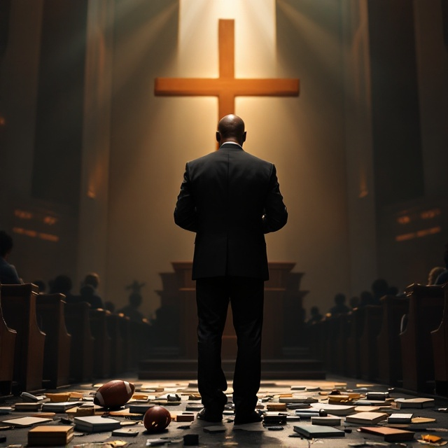 A tall, light-skinned Black male pastor with a somber yet determined expression stands at the pulpit under a radiant beam of light. His impeccable black suit contrasts with the muted earthy tones of the church interior. Behind him is a massive wooden cross, slightly blurred to keep focus on the man. The floor below him is illustrated with scattered objects that evoke raw emotion a deflated football, a university diploma, philosophy books, a set of tarnished wedding bands, and torn family pictures. The congregation sits in the background, but they fade softly into the shadows to emphasize his introspection and resilience.