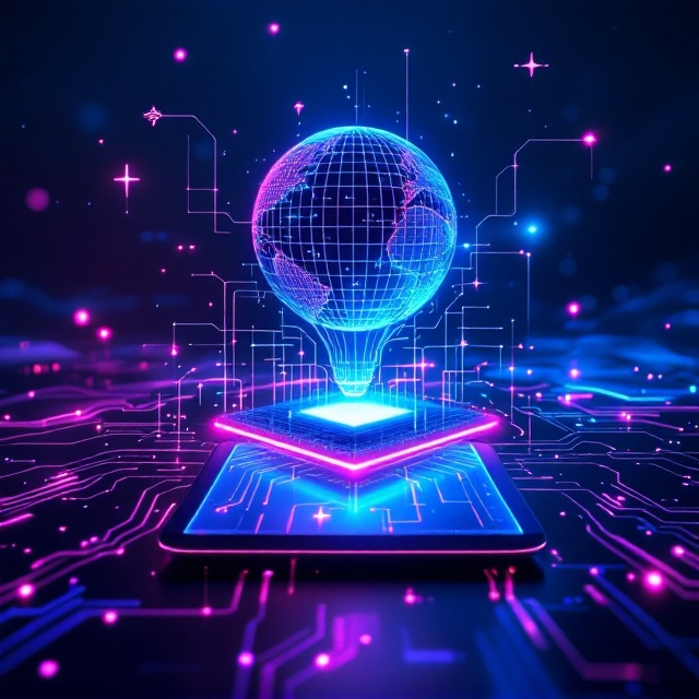 The cover features a gradient background merging deep blue and purple tones, visually evoking a sense of depth and technology. Across the entire surface, faintly glowing interconnected neon lines form an intricate digital circuit network. In the upper third of the cover, a holographic globe design with a digital grid overlay symbolizes global connectivity. At the center, a futuristic 3D hologram emerges in shades of electric blue and neon green, representing a digital circuit, while a translucent tablet sits just beneath, anchoring the composition. The edges are adorned with subtle, small icons of technological elements such as Wi-Fi signals, gears, and data clouds to create texture. Ambient light in cooler tones illuminates the cover edges for a sleek, polished futuristic feel.