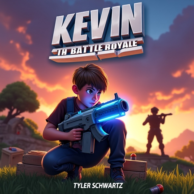Kevin, a 10-year-old boy with sandy brown hair, crouches behind a wooden Fortnite-style build. His face displays determination as he holds a bright blue and silver futuristic weapon with both hands. His body is partially hidden by the structure, while a vague shadowy figure (another player) stands in the background, aiming directly at him from a grassy hilltop. The sky behind them is vibrant with orange and purple hues, reminiscent of a dramatic Fortnite sunset, with storm clouds starting to encroach, giving an action-packed vibe. Scattered loot boxes and ammo add authenticity to the Fortnite setting.