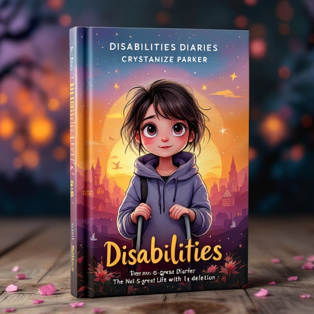 A hand-drawn, colored illustration of Mechanize Parker, a middle school girl with a physically fragile yet determined demeanor, takes center stage. She is wearing a slightly oversized hoodie and gently clutching a cane with her assistant standing supportively beside her. The background depicts a fantastical sunset glowing with deep hues of oranges, purples, and pinks, which fade into indistinct outlines of an orphanage surrounded by magical wisps that symbolize adventure and fantasy. Subtle elements such as indistinct shapes of stars and constellations lacing the sky add a dreamy, otherworldly vibe.