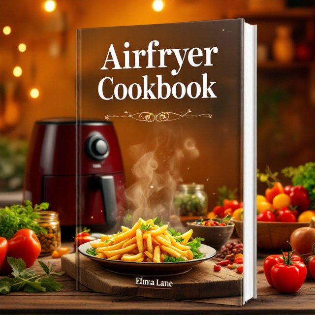 A cozy kitchen scene with a warm, golden-orange hue. On a rustic wooden countertop lies an open cookbook next to an air fryer surrounded by fresh vegetables, vibrant spices, and herbs spilling out of glass jars. A steaming plate of crispy golden fries and a colorful vegetable dish are placed in the foreground to illustrate the cooking process. Overhead lighting casts a soft glow, emphasizing warmth and inviting creativity.