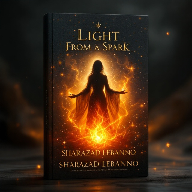 Shadows form sinuous tendrils at the edges of the page, curling towards the center where a glowing ember radiates fiery light. Above the ember, a faint silhouette of a strong and ethereal female magic wielder emerges, clad in flowing, mystical robes, her hands raised as though summoning the flame. The background transitions from an ominous, smoky black at the edges to a warm orange glow that highlights the central spark. Subtle sparkles of arcane symbols swirl faintly in the light around her, blending magic and romance into the design.