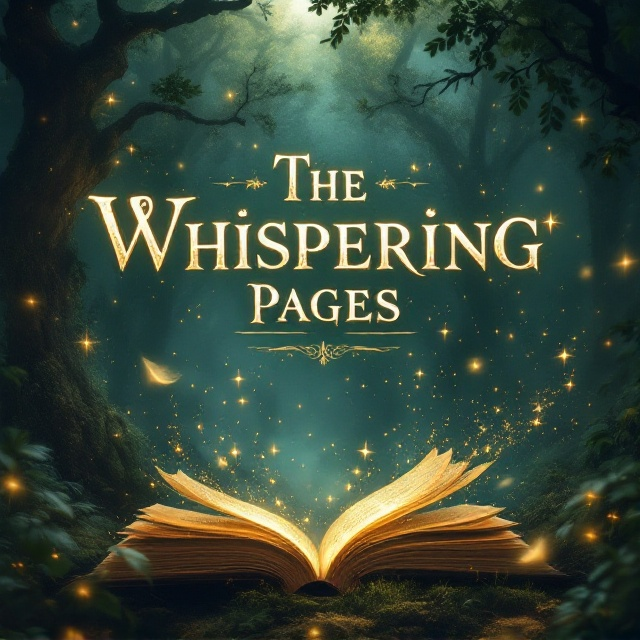 A sprawling ancient forest rendered in mysterious deep greens, gold flecks, and shadowy blues. In the foreground, intricately drawn magical pages are fluttering in mid-air, glowing softly with a faint, golden hue. Each page is transparent enough to reveal faint whispers of mystic symbols and runes within. Tiny swirling streaks of ethereal light weave through the pages and rise toward the title, creating motion and intrigue. The background fades into an ominous haze, suggesting an untold story awaiting discovery.