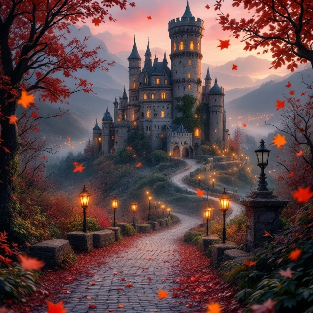 A tranquil autumnal scene of a vast, enchanted kingdom with softly glowing lanterns lining winding cobblestone streets. The kingdom is nested within rolling shadowy hills that blur into a backdrop of pink-tinted skies. A towering castle stands confidently at the center, with ivy climbing its walls, its windows whispering faint luminescence. Scattered, flaming orange and red leaves blow across the foreground, curving subtly into the flow of the design, leading toward the title of the book in the middle. The overall ambiance feels magical and ethereal but grounded in the warmth of autumn.