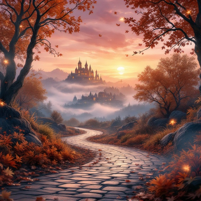 A mystical autumn scene portraying a quaint kingdom nestled on a hill in the distance, set against a warm, pink-hued evening sky. The foreground features a winding path leading directly to a cozy, magic-infused bookstore, its windows glowing with an inviting golden light. Scattered fallen leaves create a layered texture across the path. Whispering magical symbols subtly swirl in the air, glimmering faintly. A soft, enchanting mist envelops the background, adding depth and mystery.