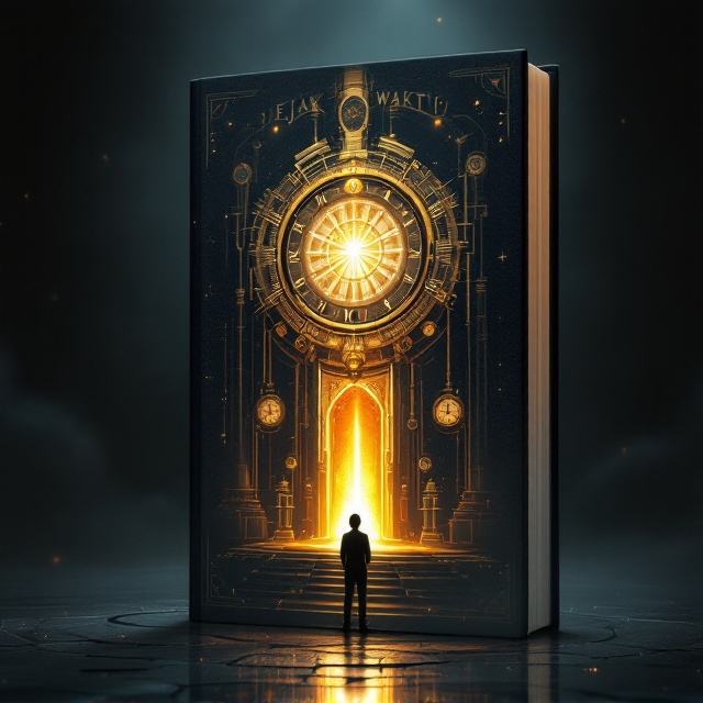 A shadowy background featuring a monumental, glowing time machine with intricate gears, pipes, and a portal-like effect at its center. The machine emits a radiant beam of golden light that contrasts with the otherwise dark environment. In the foreground, a lone figure (Arial) is depicted standing hesitantly, gazing towards the machine. Subtle clock patterns are faintly embedded in the dark background as if blending into the shadows, adding depth and a sense of urgency.