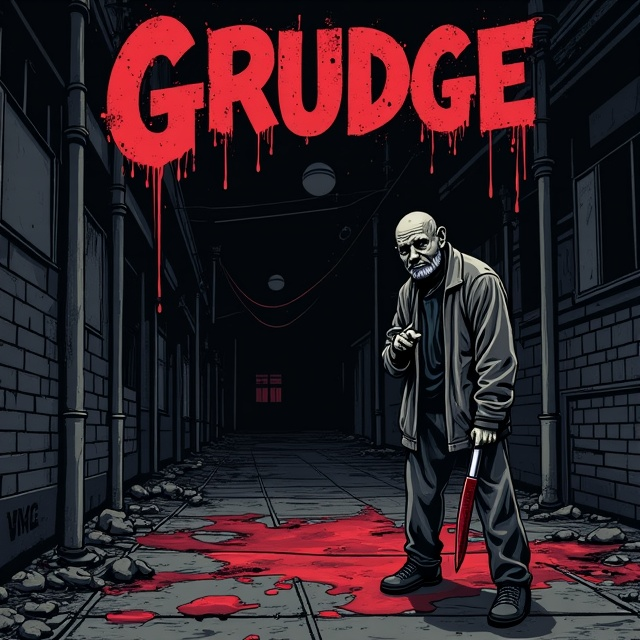 A dark and gritty line-art illustration of a shadowy alley at night occupies the entire cover. At the center stands a menacing homeless man, hunched and looming, his gaunt face twisted into an unsettling grimace. His tattered coat hangs loose, and his hand grips a blood-streaked knife. The man’s face is partially illuminated, emphasizing deep-set eyes and scars etched onto his skin. The alley is littered with debris and faint blood splatters that trail off into the distance. The overall tone is dark, with sharp contrasts of deep blacks and muted reds.