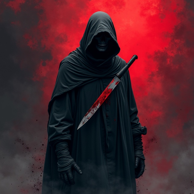 A close-up of a black-cloaked, sinister-looking homeless man is situated on the cover. The figure wears a tattered cloak and has an eerie, half-lit face with hollow, shadowed eyes. A blood-streaked, cold steel knife is clutched in his hand, slightly tilted to reflect faint light. Ringing the figure is dense blackness, with only hints of undefined threatening shapes fading into a dark red mist. The background gradually transitions from solid black at the top down to an ominous red toward the base, representing chaos and blood. The image has a line art style with sharp, jagged edges and fine details.