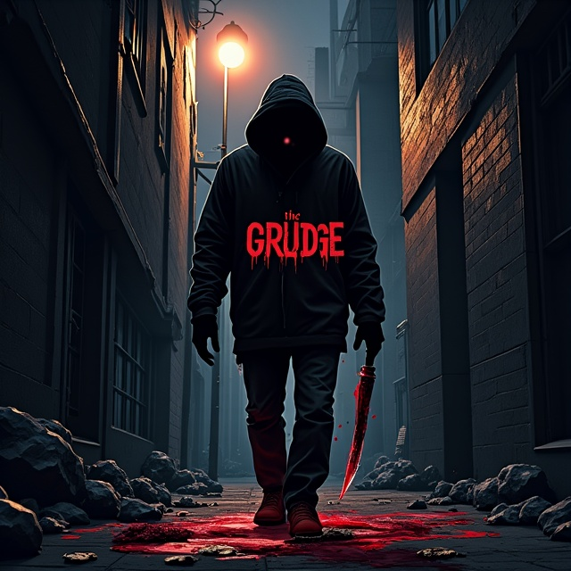 The cover depicts a dark alley at night, with a looming, menacing homeless man in the foreground. The man’s face is obscured with shadow, but gleaming eyes and a sinister smirk peek out, adding to his chilling presence. Blood drips from the knife he holds at his side, glowing faintly under the dim, flickering streetlamp. Behind him, slightly blurred and diminishing in scale to enhance the sense of fear, a terrified man and woman clasp each other, their faces frozen in horror. The style features stark, detailed line art with sharp angles and contrast to emphasize dread, using black and red as the core color palette.