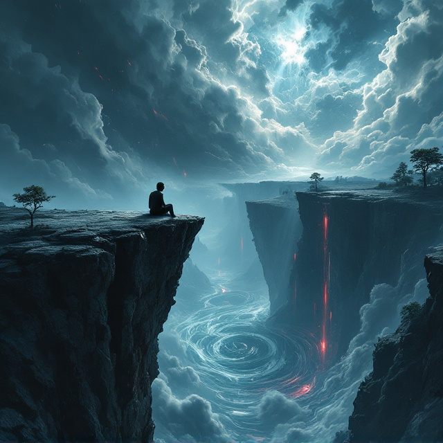 A lone figure sits on the jagged edge of a massive cliff, surrounded by a dark and stormy sky. The figure gazes downward toward a chasm filled with swirling abstract shapes that represent complexity and chaos. The surrounding natural elements—trees, rocks, and clouds—are dramatically silhouetted. Rays of light break through scattered clouds in the background, symbolizing fleeting hope amidst despair. Red streaks cut across the scene, adding emotional tension.