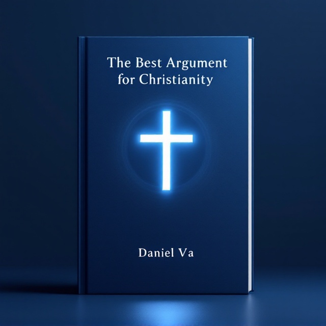 A deep, serene blue background with subtle gradient effects, transitioning from slightly darker at the top to lighter towards the bottom. A minimalistic, centered white cross symbol stands firmly yet elegantly in the middle of the page. Circular light rays or faint halos encircle the cross to give it an ethereal glow. The title, "The Best Argument for Christianity," is prominently placed in clear, bold text above the cross. The author’s name, "Daniel V a," appears neatly at the bottom, maintaining balance and simplicity.