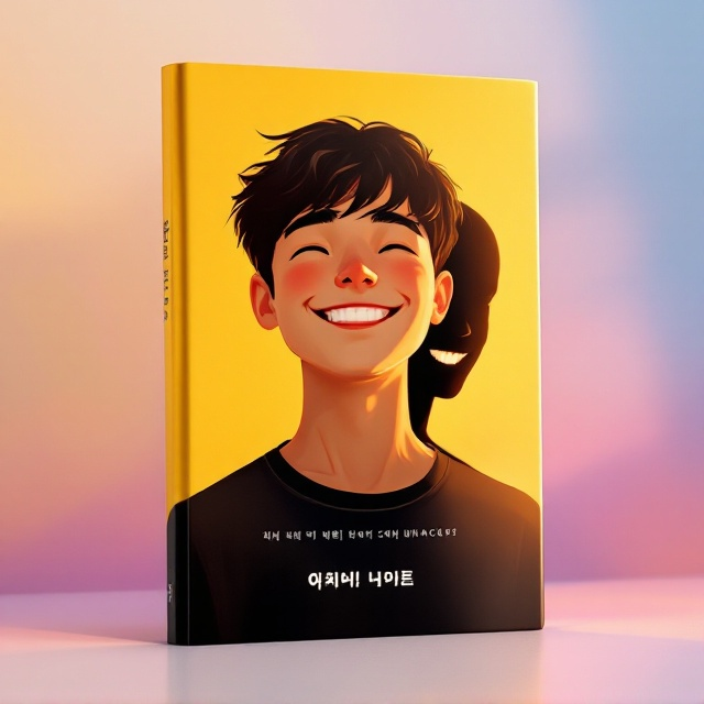 A central focus on a front-facing boy with a bright, confident smile, bathing in golden sunlight from the left-hand side. The boy is positioned slightly to the left of the center. Behind him, to the far right, a shadowy black silhouette mimicking his form is positioned, its face partially revealed by a faintly glowing grin. The background blends from a warm yellow-orange gradient at the bottom to a cool blue-violet gradient at the top, subtly indicating dreamlike mystery. The contrast of light emphasizes the boy’s positive aura while portraying the dark silhouette as enigmatic and introspective.